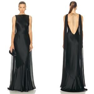 RETROFETE Julia Draped Train Open Back Satin Black Maxi Dress Size Small